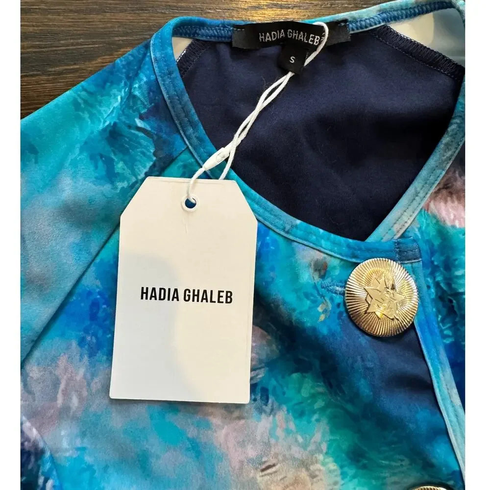Hadia Ghaleb | NWT Modest Luxury Long Sleeve Swim Top Icing Watercolor Blue Sm